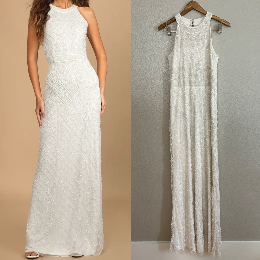 All the Romance White Beaded Sequin Halter Mermaid Maxi Dress